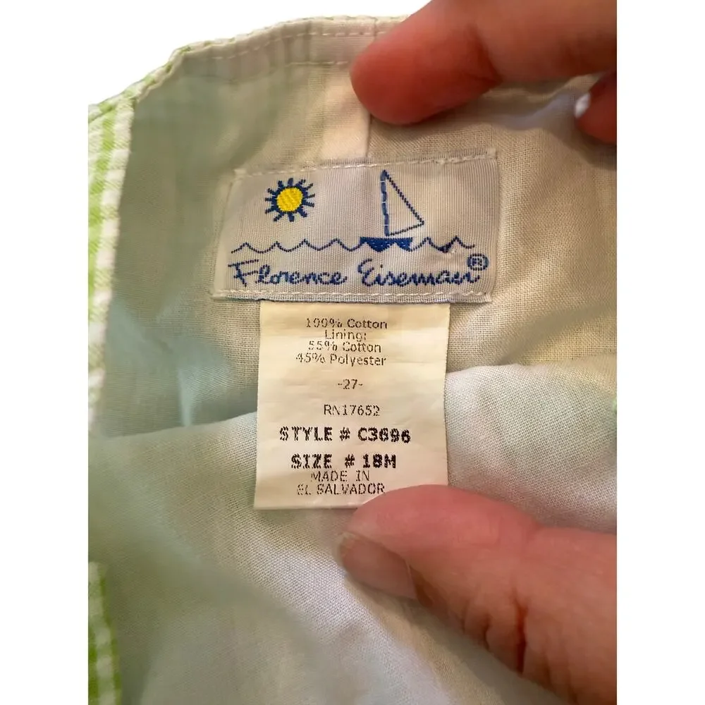 Florence Eiseman Boys Green white Check Romper Size 18M